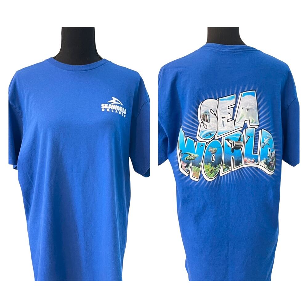 Vintage SEA WORLD Orlando Short Sleeve T-Shirt ORCA L Crew Neck Blue Mens Womens